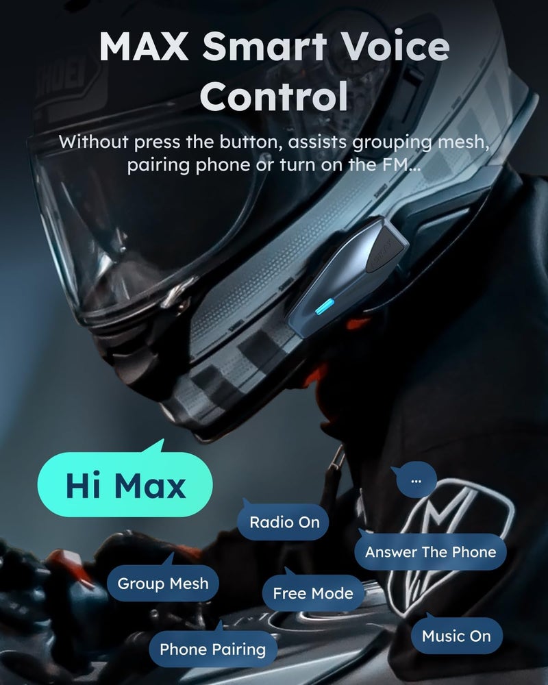 ASMAX S1 Motorcycle Bluetooth Headset, Mesh Helmet Communication System, Smart Voice Control/Noise Cancellation/Waterproof/FOTA Update, 8 Riders FM Radio Intercom Fit for Snowmobile/ATV, 1 Pack(Blue) - Image 3